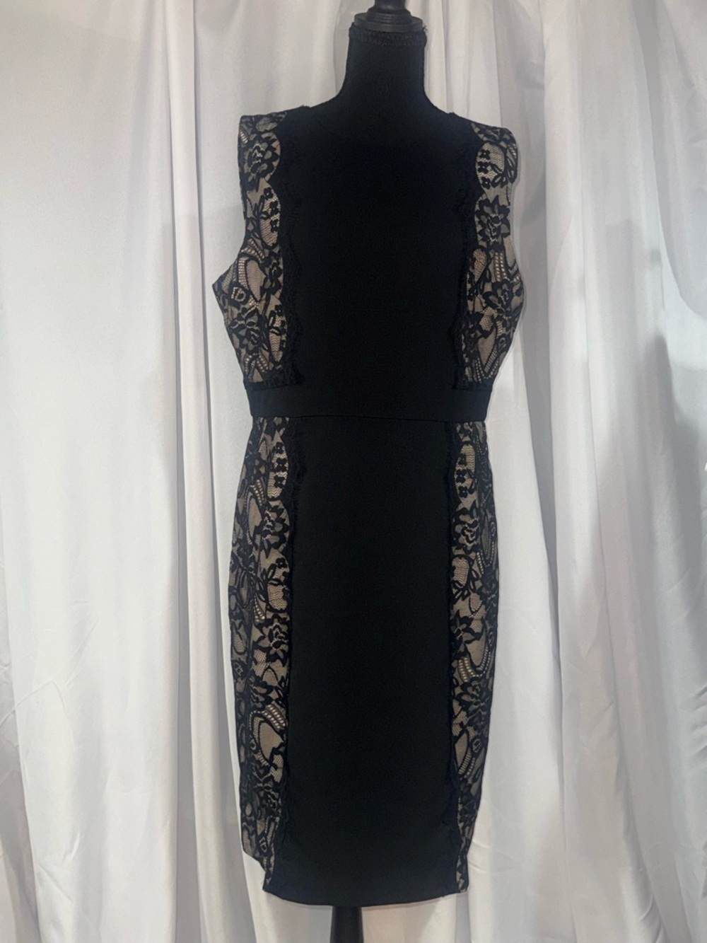 J. Crew Black Lace-Panel Midi Dress with Nude Underlay
